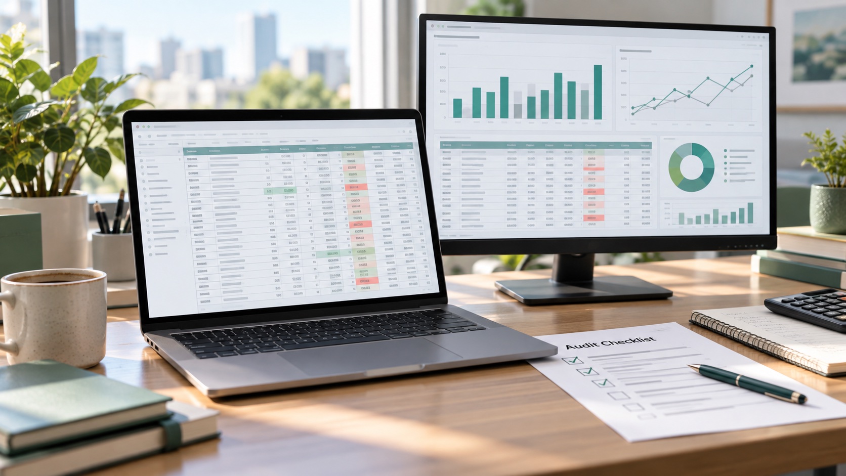 Illustrative audit and finance spreadsheet review workspace with exported files, exceptions, and charts