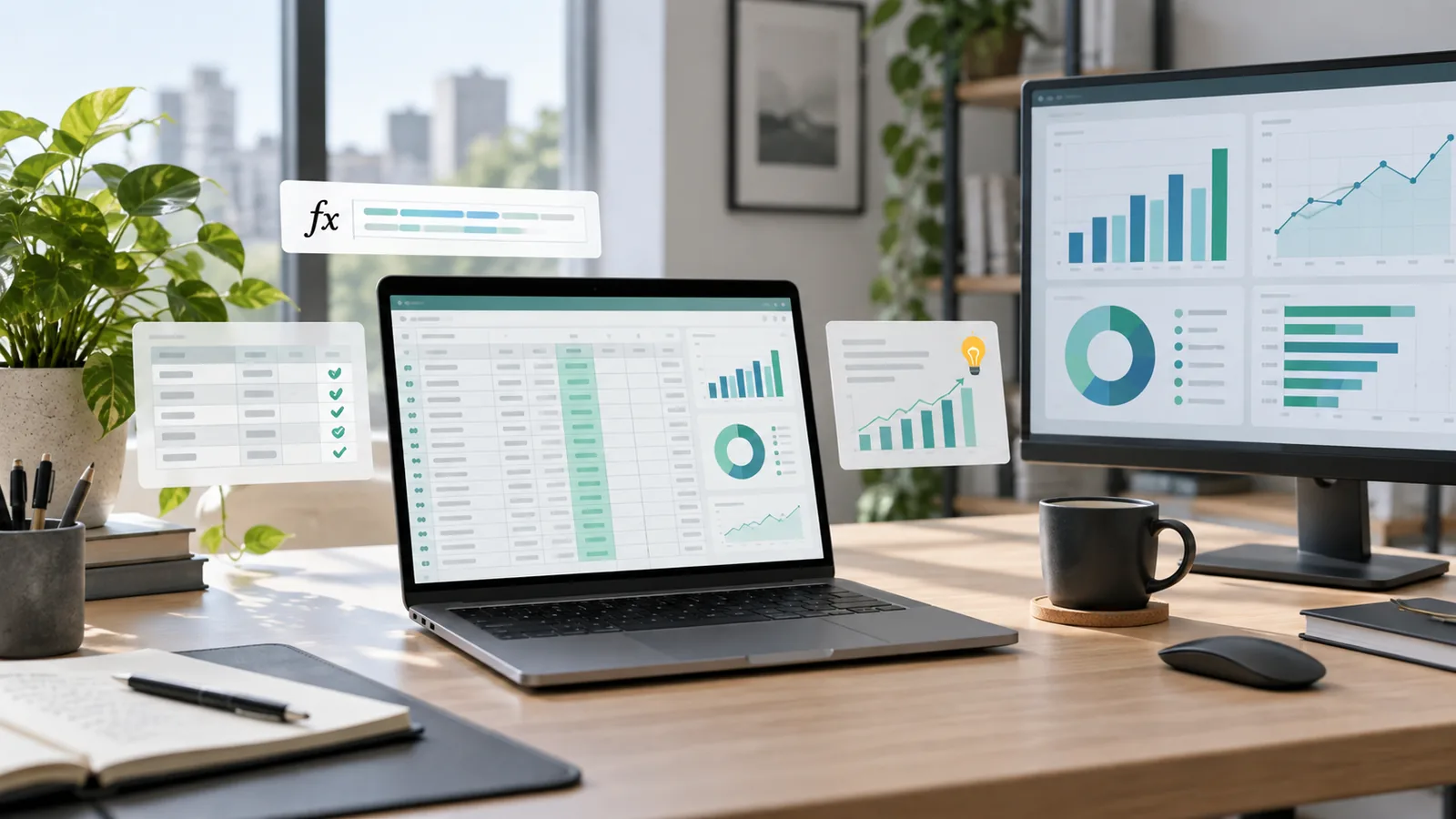 AI spreadsheet workspace showing formulas, cleaned tables, and business charts