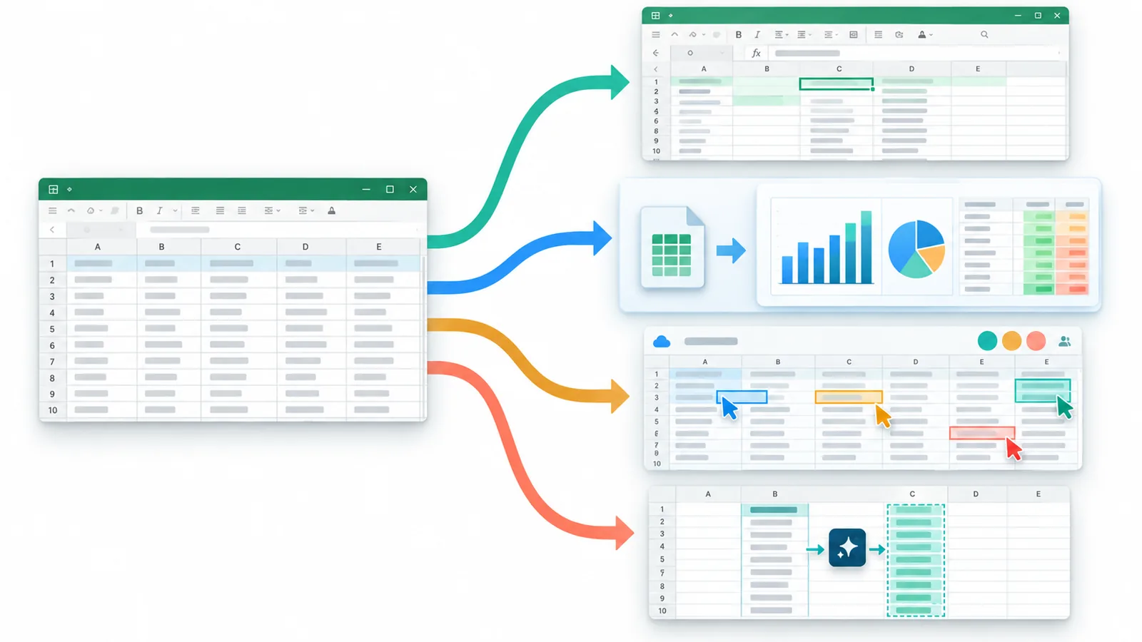 Four AI spreadsheet workflows branching from one source table