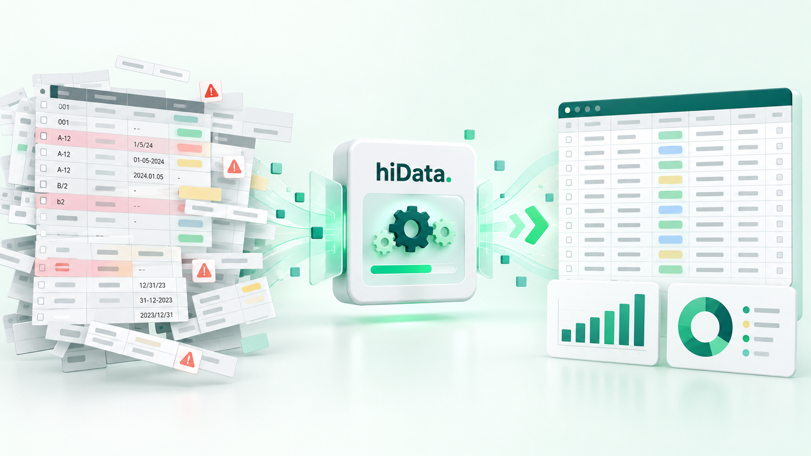 A chaotic spreadsheet dataset passing through hiData and becoming a clean table with reliable charts