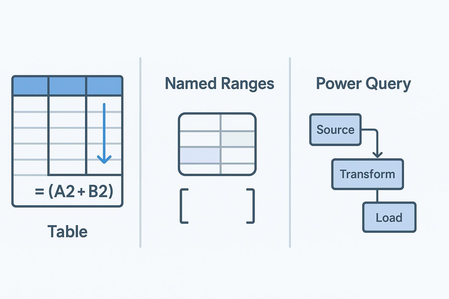Illustration comparing Excel Tables, named ranges, and Power Query workflows