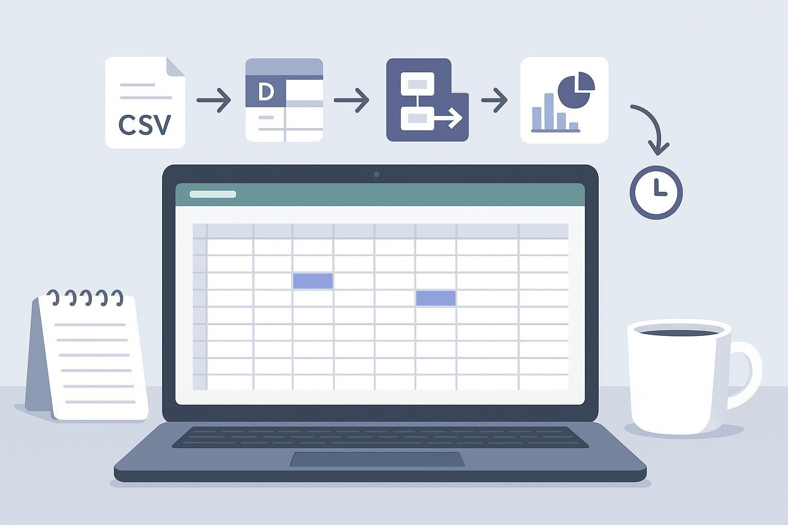 Illustration of an ecommerce spreadsheet workflow from CSV import to a reviewed report