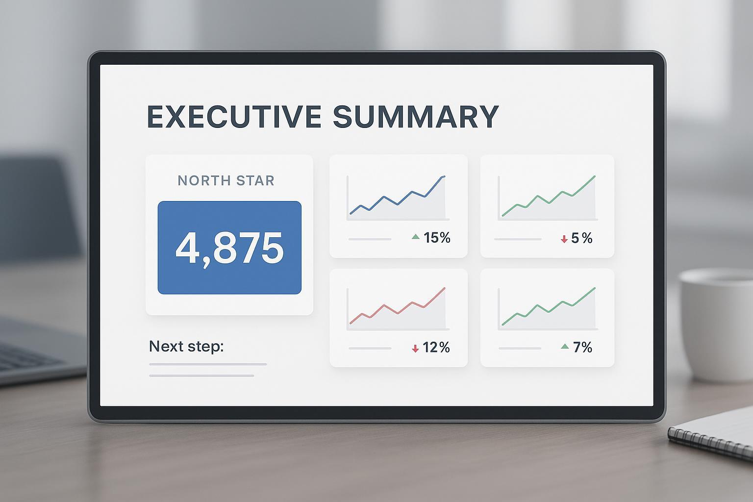 Illustration of an executive summary slide with metrics and charts
