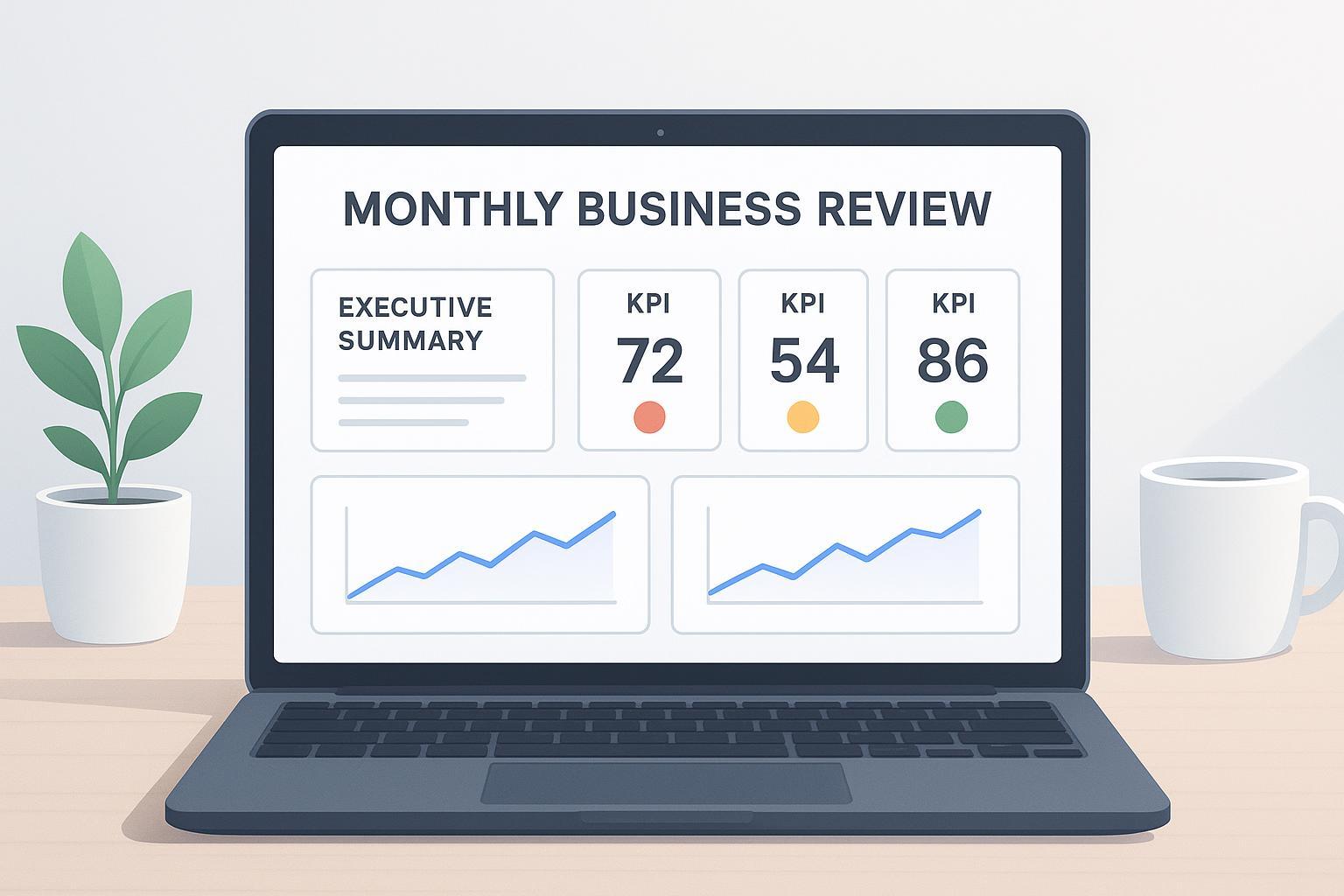 Illustration of a monthly business review presentation and KPI charts