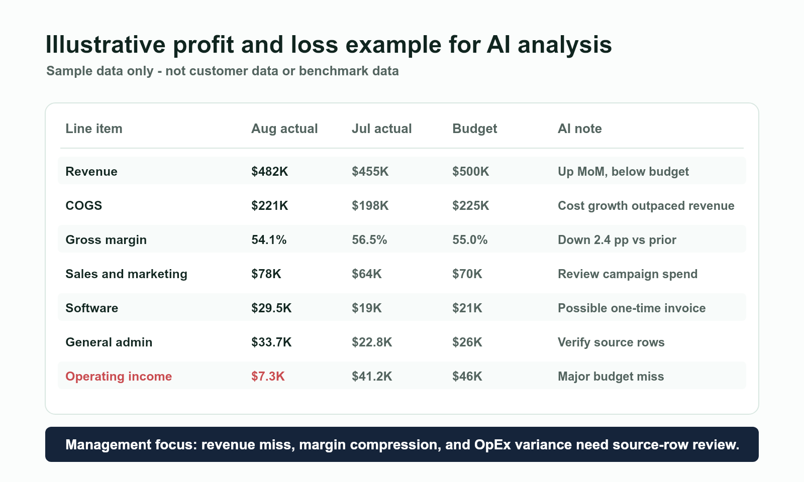 Illustrative P&L example table showing revenue, COGS, gross margin, operating expenses, and variance flags