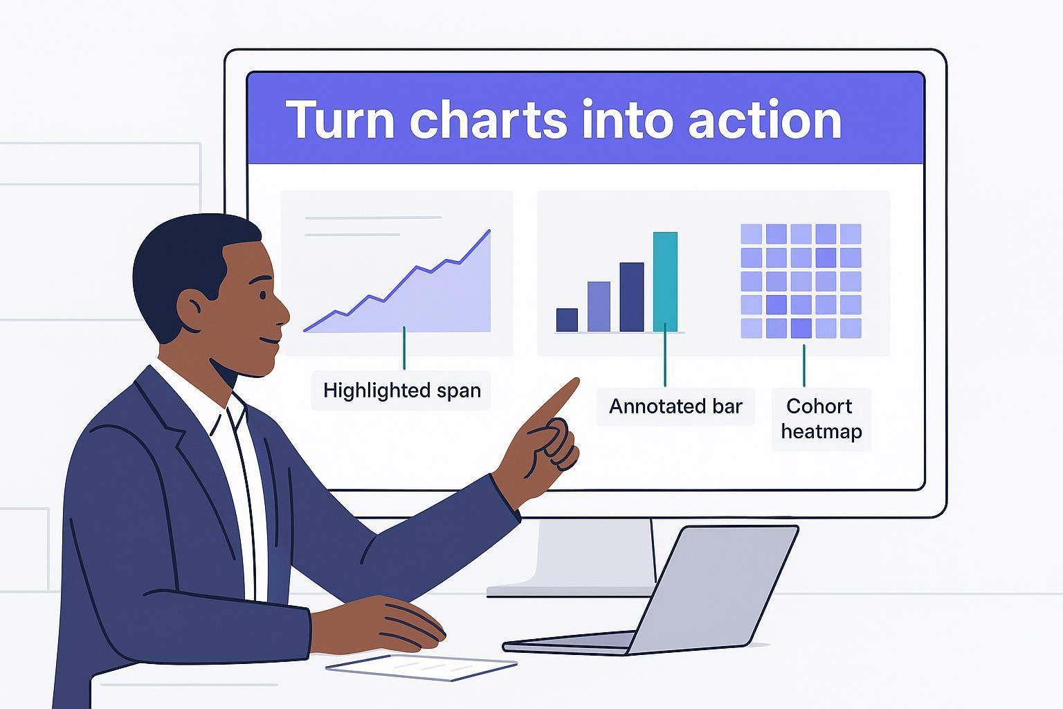 Illustration of reviewing business charts and writing findings