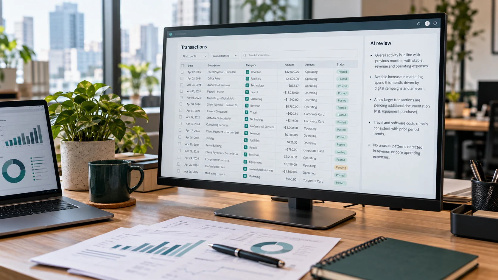 Conceptual finance workspace with a transaction spreadsheet, AI review panel and printed financial reports