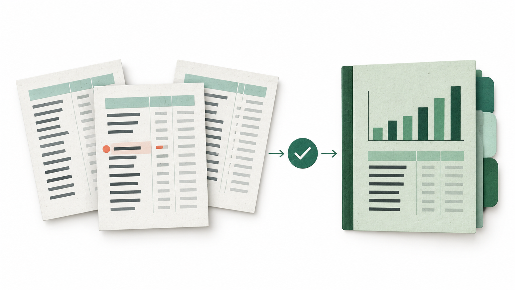 Concept illustration of recurring financial files being checked and assembled into a monthly report